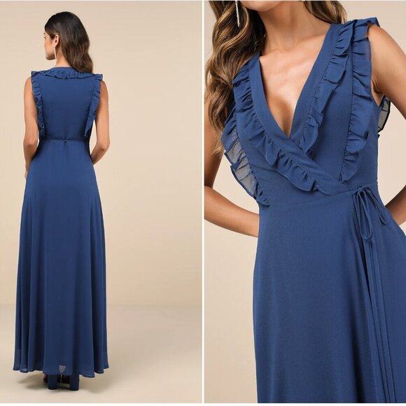 LULU's Elegant Prom Wedding Bridesmaid Elegant Romantic Ruffles Wrap Maxi - Picture 4 of 5